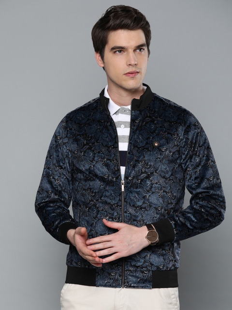 

Louis Philippe Men Black & Blue Printed Bomber Jacket