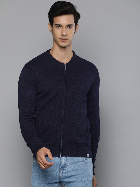

Louis Philippe Jeans Men Navy Blue Self Design Front-Open Sweater