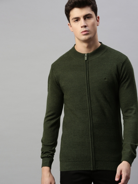 

Louis Philippe Men Olive Green Solid Front-Open Sweater