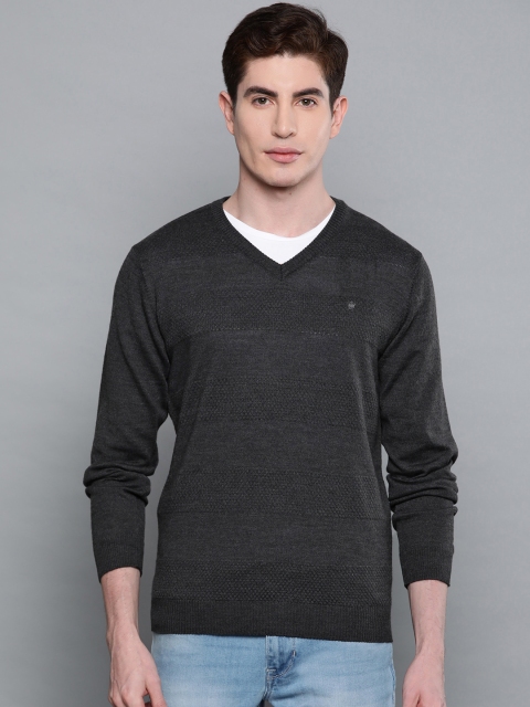 

Louis Philippe Men Charcoal Grey Self-Striped Pullover Sweater