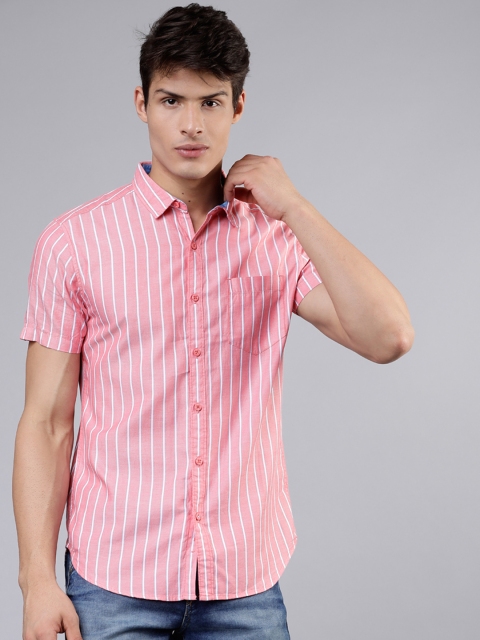 

HIGHLANDER Men Pink & White Slim Fit Striped Casual Shirt