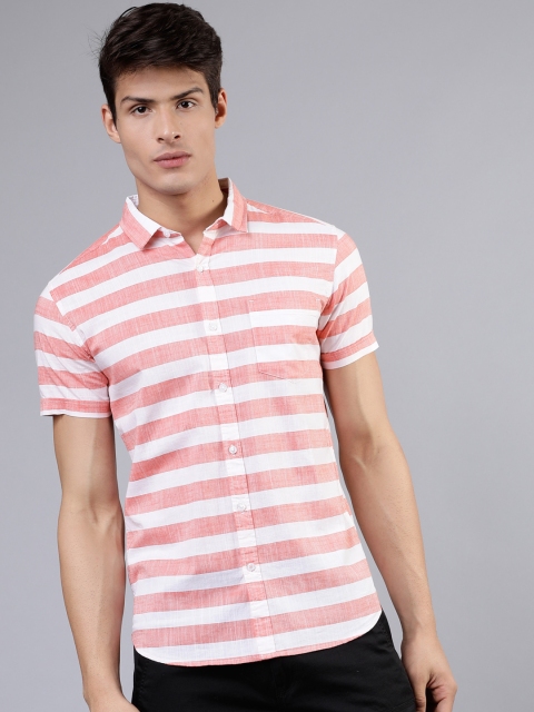 Men White & Coral Slim Fit Striped Casual Shirt