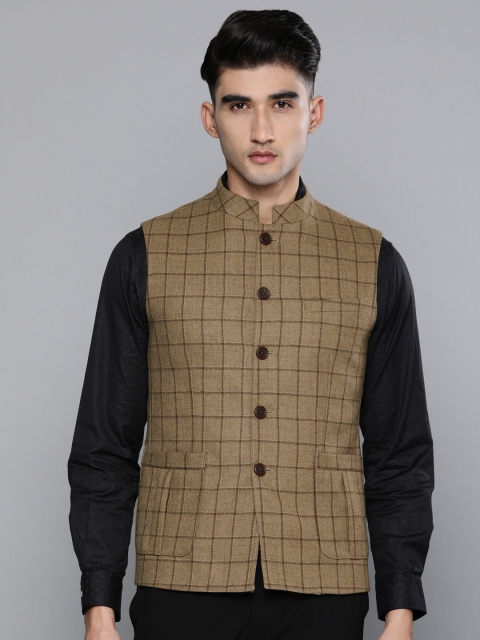 

Louis Philippe Men Brown Tailored Fit Checked Woolen Nehru Jacket