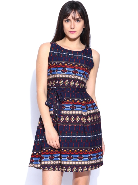 

Tokyo Talkies Navy Printed Fit & Flare Dress, Navy blue