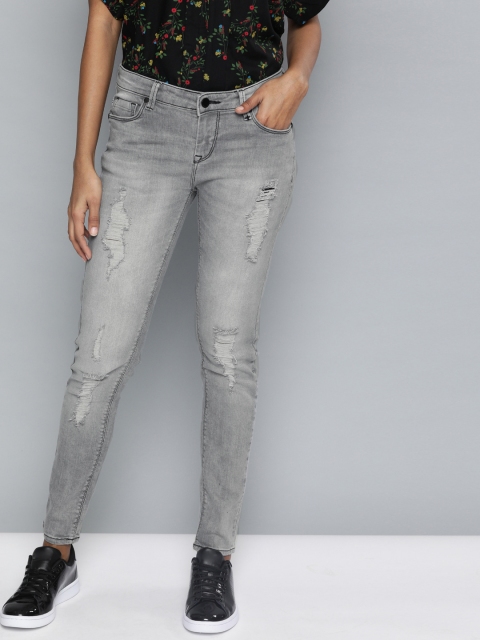 

HERE&NOW Women Grey Super Skinny Fit Mid-Rise Low Distress Stretchable Jeans