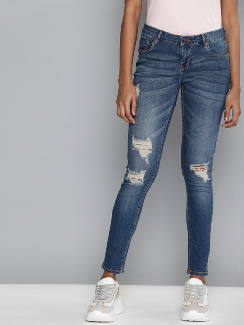 

HERE&NOW Women Blue Skinny Fit Mid-Rise Low Distress Stretchable Jeans