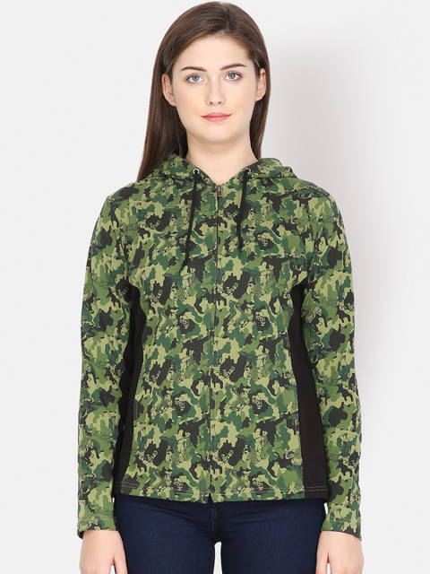 

Yaadleen Women Green & Black Printed Camouflage Hooded Sweatshirt