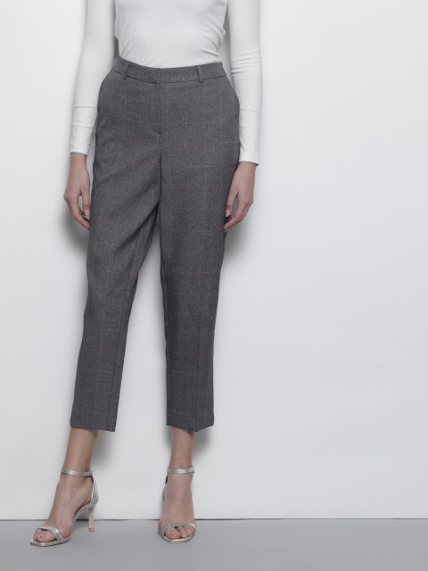 

DOROTHY PERKINS Women Charcoal Grey & Pink Tailored Regular Fit Checked Formal Trousers
