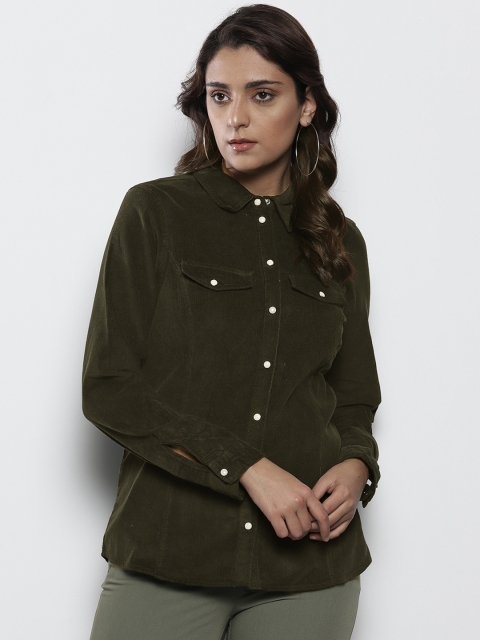 

DOROTHY PERKINS Women Olive Green Regular Fit Corduroy Solid Casual Shirt
