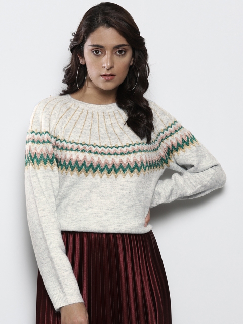 

DOROTHY PERKINS Women Grey Melange & Green Self Design Pullover