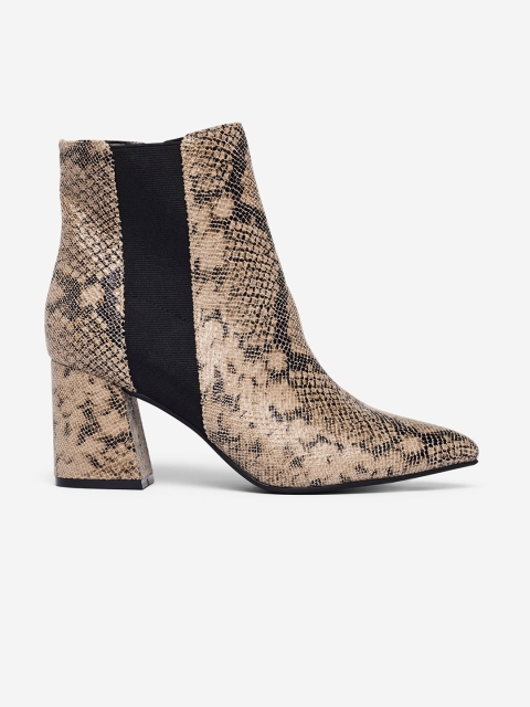 

DOROTHY PERKINS Women Beige & Brown Snakeskin Textured Mid-Top Heeled Boots