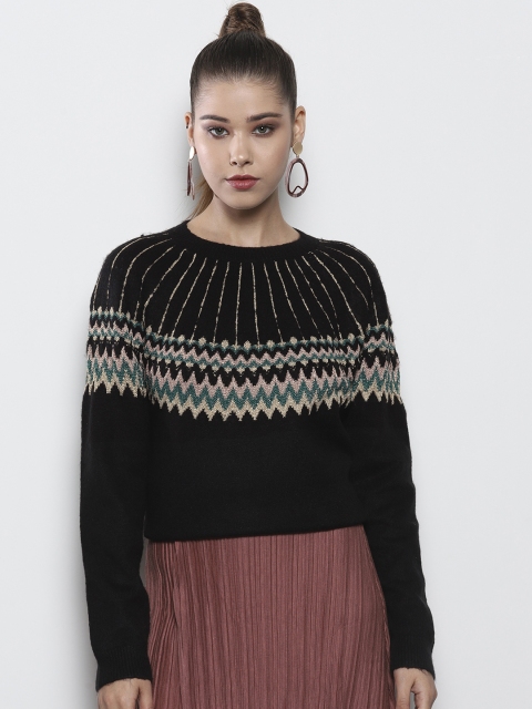 

DOROTHY PERKINS Women Black & Golden Self Design Pullover Sweater