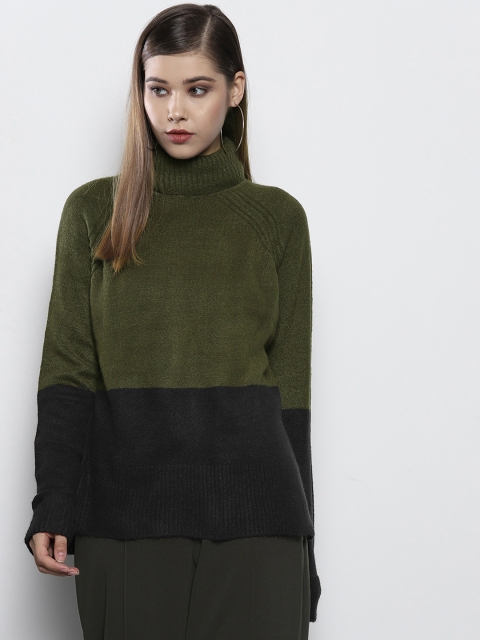 

DOROTHY PERKINS Women Olive Green & Black Colourblocked Pullover Sweater