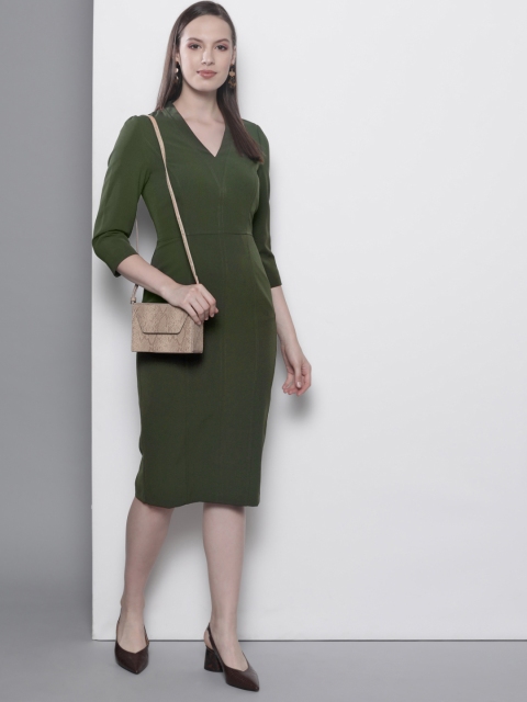 

DOROTHY PERKINS Women Olive Green Solid Sheath Dress