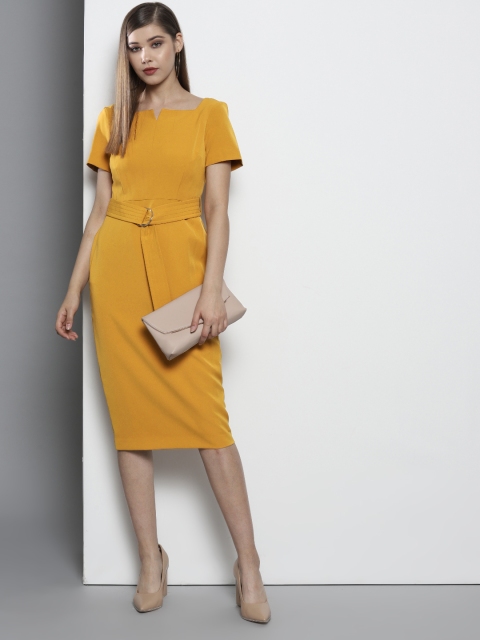 

DOROTHY PERKINS Women Petite Mustard Yellow Petite Solid Sheath Dress