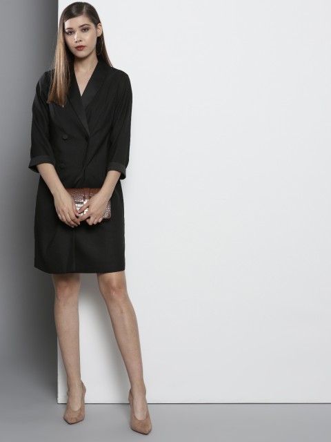 

DOROTHY PERKINS Women Petite Black Solid Double-Breasted Tuxedo Wrap Dress