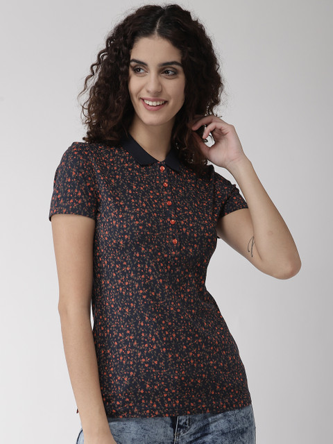 

Marks & Spencer Women Navy Blue & Orange Printed Polo Collar T-shirt