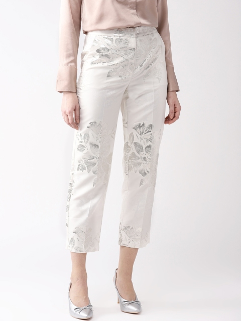 

Marks & Spencer Women White & Silver Slim Fit Self-Design Cropped Trousers