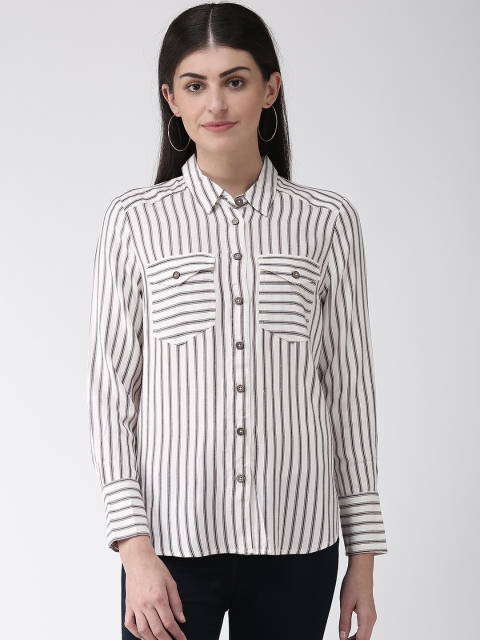 

Marks & Spencer Women Off-White & Navy Blue Regular Fit Striped Casual Shirt