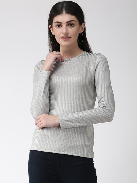 

Marks & Spencer Women Silver Ribbed Shimmer Fitted Top