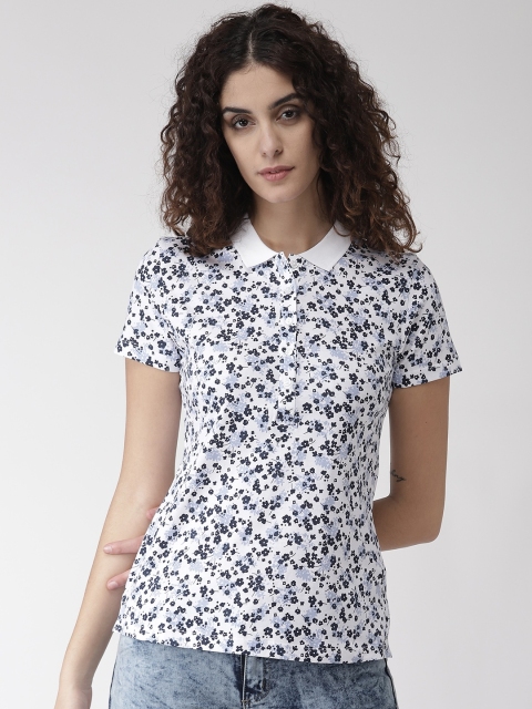 

Marks & Spencer Women White & Blue Printed Polo Collar T-shirt
