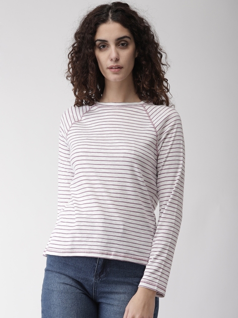 

Marks & Spencer Women White & Lavender Striped Round Neck T-shirt