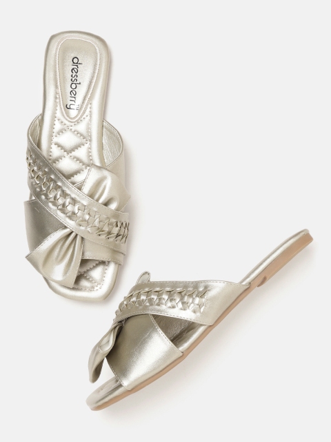 

DressBerry Women Gold-Toned Braided Open Toe Flats