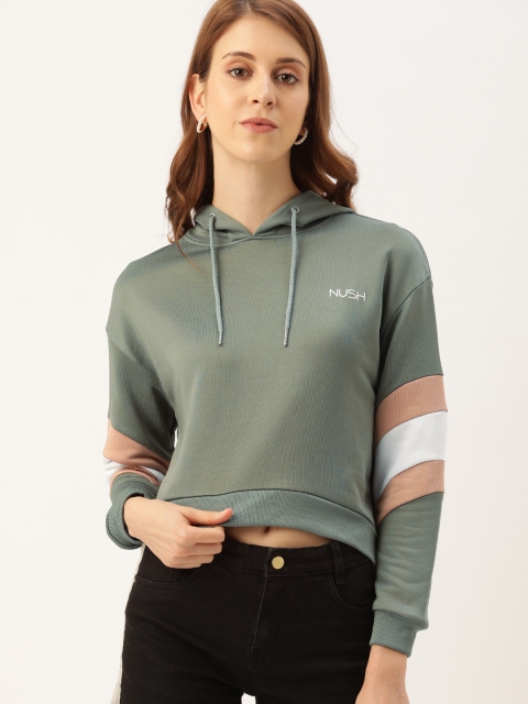 

NUSH Women Olive Green Solid Hooded Sweatshirt