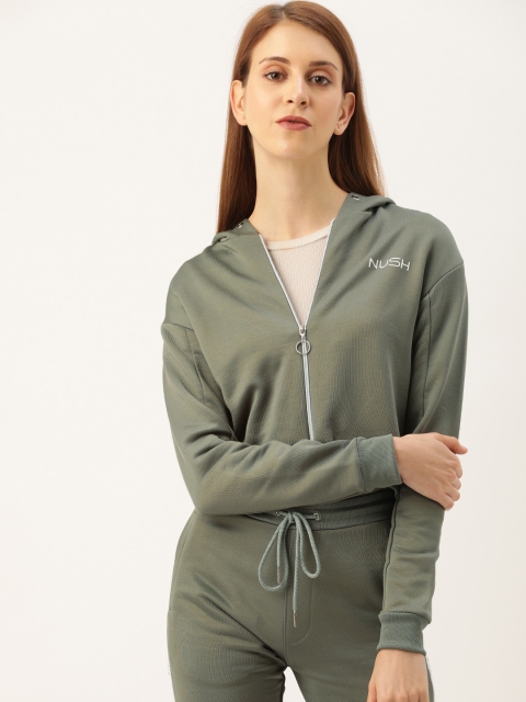 

NUSH Women Olive Green Solid Hooded Sweatshirt