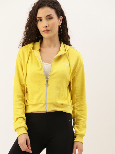 

NUSH Women Yellow Solid Front-Open Cropped Hooded Sweatshirt