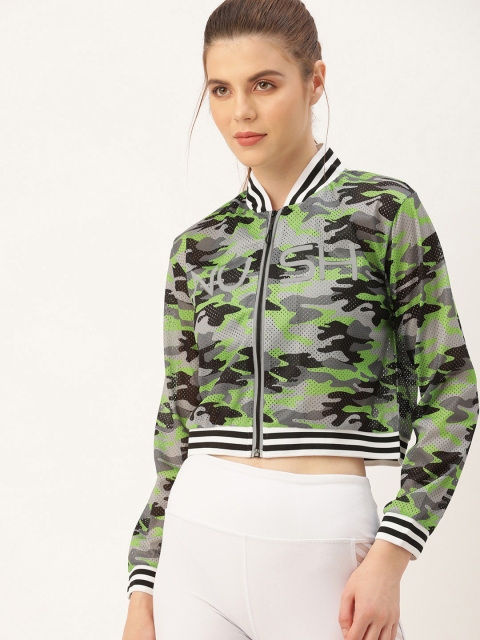 

NUSH Women Green & Grey Printed Crop Bomber Jacket