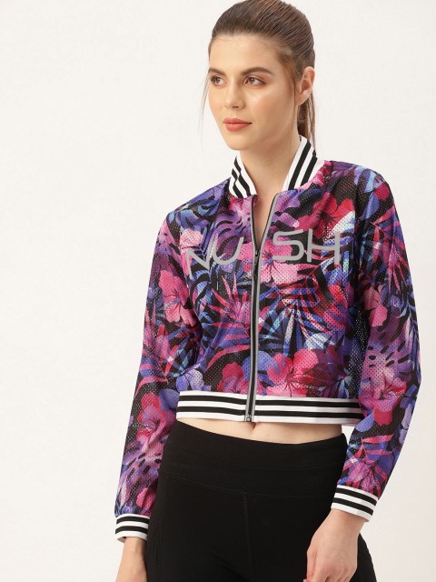 

NUSH Women Purple & Pink Printed Crop Bomber Jacket