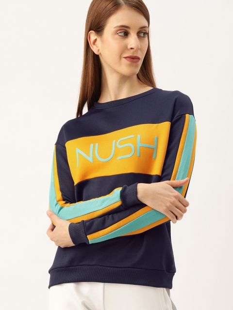 

NUSH Women Navy Blue & Yellow Colourblocked Sweatshirt