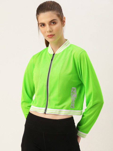 

NUSH Women Green Solid Crop Bomber Jacket