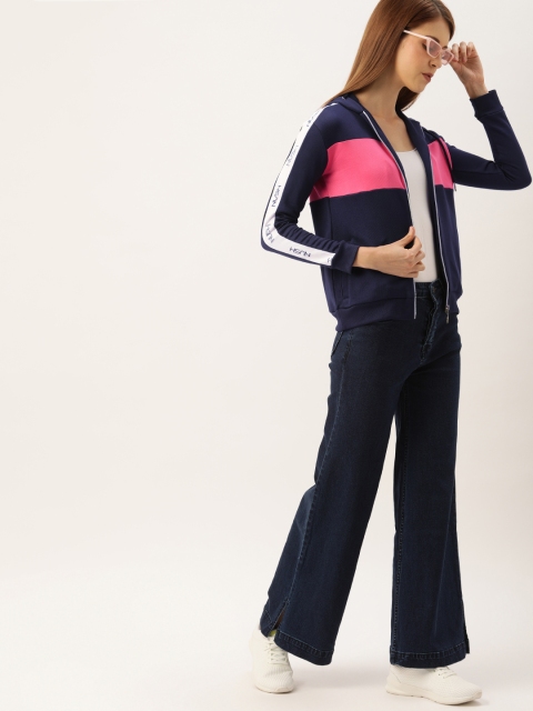 

NUSH Women Navy Blue & Pink Colourblocked Hooded Sweatshirt