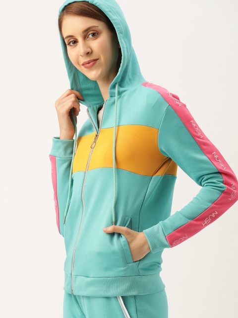 

NUSH Women Turquoise Blue & Mustard Yellow Colourblocked Hooded Sweatshirt