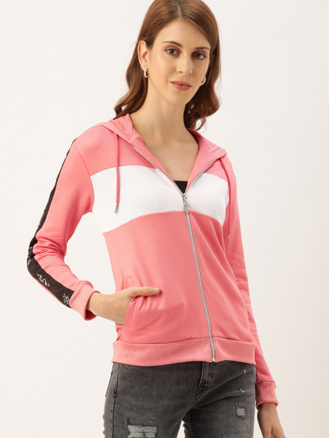 

NUSH Women Pink & White Striped Hooded Sweatshirt