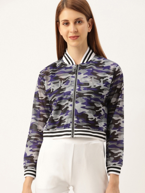 

NUSH Women Printed Varsity Jacket, Blue