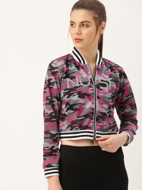 

NUSH Women Pink & Grey Printed Bomber Crop Jacket
