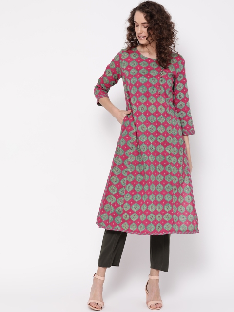 

Fabindia Women Pink & Green Printed Slim Fit A-Line Kurta