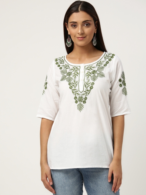 

Chinyere Women White & Green Chinkankari Embroidered Kurti