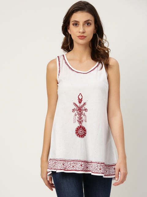 

Chinyere Women White & Maroon Chinkankari Embroidered A-Line Kurti