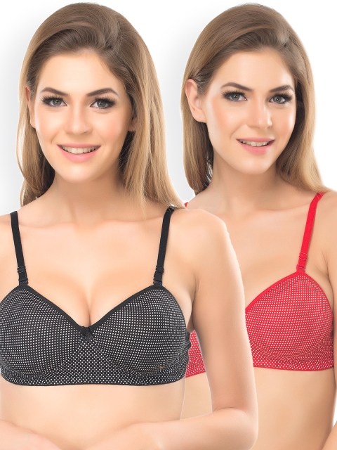 

Lady Lyka Pack of 2 Full-Coverage Printed T-shirt Bras MYCARE-BLK-RED, Black