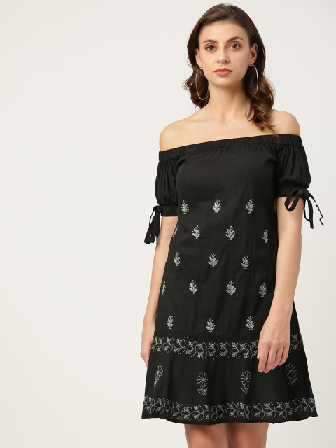 

Chinyere Women Black Chikankari Embroidered A-Line Dress