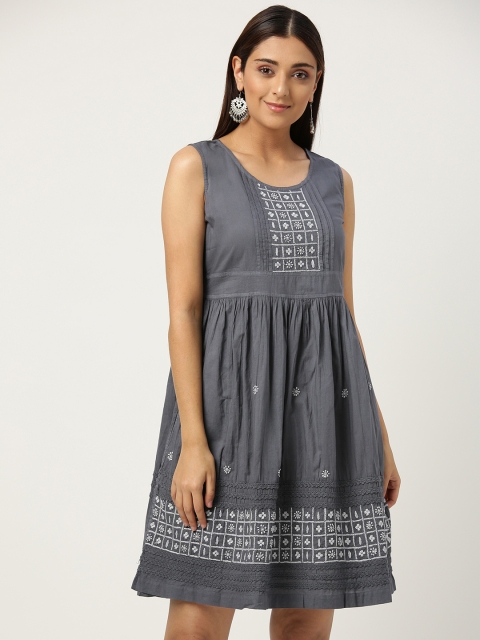 

Chinyere Women Charcoal Grey Chikankari Embroidered A-Line Dress