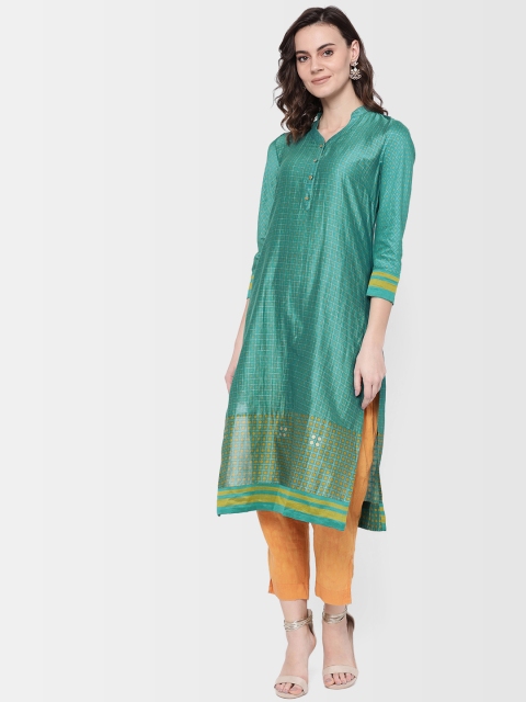 

Fabindia Women Green & Golden Printed Slim Fit Straight Kurta