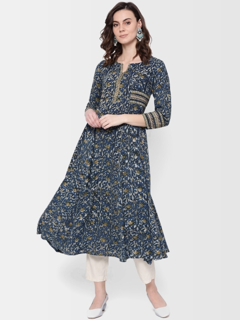 

Fabindia Women Navy Blue & Off-White Printed A-Line Kurta