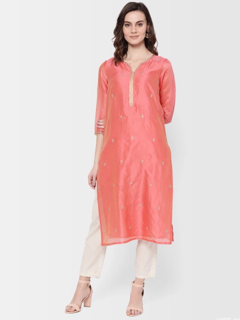 

Fabindia Women Pink Woven Design Slim Fit Straight Kurta