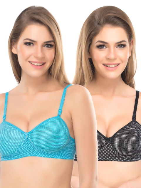 

Lady Lyka Pack of 2 Full-Coverage Printed T-shirt Bras MYCARE-SKY-BLK, Blue
