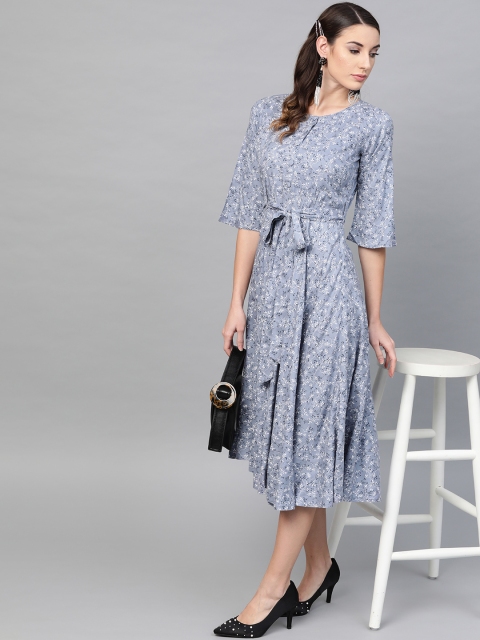

GERUA Women Grey & White Printed Midi A-Line Dress